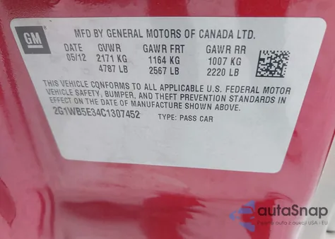 2012 Chevrolet Impala Lt z USA, uszkodzony, nr VIN 2G1WB5E34C1307452